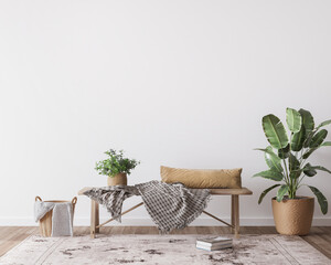 mock up wall in boho  interior background, wooden living room design, Scandinavian style, 3d render © lilasgh