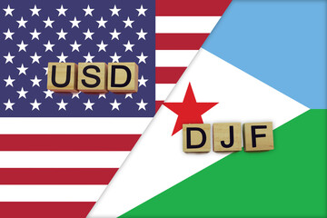USA and Djibouti currencies codes on national flags background