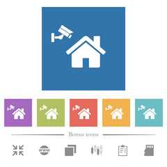 Home security flat white icons in square backgrounds