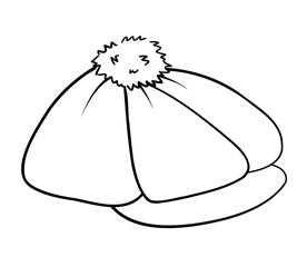 Beret with a pompom and a visor. Isolated outline black and white drawing.