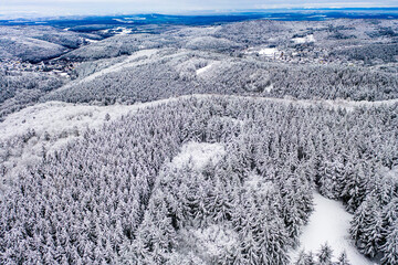 Aerial view, over the snow-covered Taunus with Oberreifenberg, tower, Großer Feldberg, Oberreifenberg, Taunus, Schmitten, Hesse, Germany,