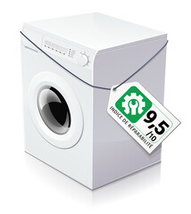 Machine à laver avec une étiquette indiquant un excellent indice de réparabilité vert (reflet)	