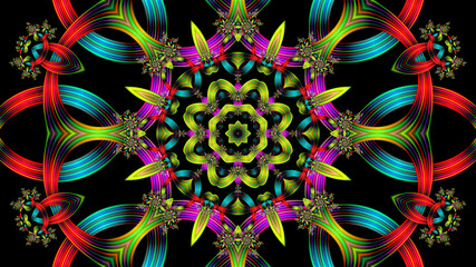 an intricate multicolored abstract background with an ornament of multicolored stripes intertwining into a beautiful flower in the center