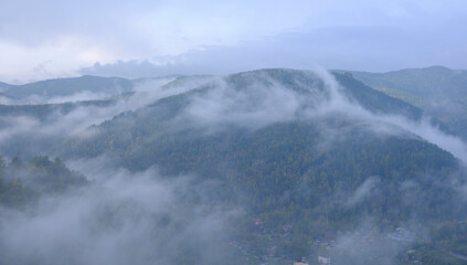 Fog in the mountains. Green forest with golden colors. Residential buildings in the valley.