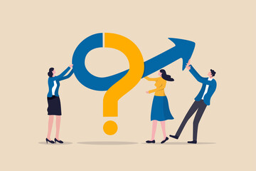 Teamwork to solve business problem, cooperation or collaboration in company to achieve business success concept, businessmen and women, colleagues help put solution arrow on question mark problem sign