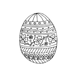 Easter egg painted with patterns. Vector hand-drawn doodle illustration. Black and white outline. Coloring.