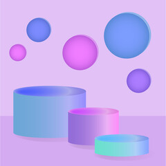 Cylindrical podiums for product placement and frame. Volumetric figures, composition in the style of minimalism, lilac tones. Vector illustration