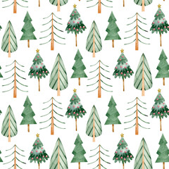 Watercolor seamless pattern of winter forest. Green holiday trees. Christmas Stylized hand-drawn illustration.