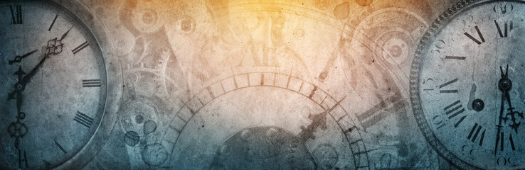 The dials of the old antique classic clocks on a vintage wide paper background. Concept of time,...