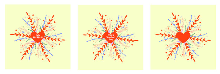 Square greeting hello FEBRUARY HAPPY VALENTINE'S DAY floral vector illustration color background doodle word lettering red green ornament decoration design leaves flower light yellow coloured colored 