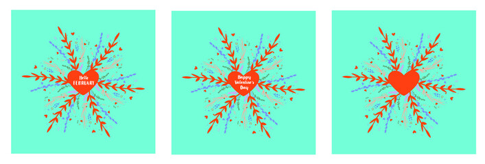 
Square greeting hello FEBRUARY HAPPY VALENTINE'S DAY floral vector illustration color background doodle word lettering red green ornament decoration design leaves flower blue coloured colored backgro