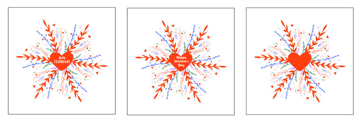 Square greeting hello FEBRUARY HAPPY VALENTINE'S DAY floral vector illustration color background doodle word lettering red green ornament decoration design leaves flower transparent background