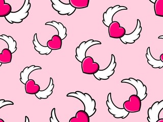 Happy Valentine's Day Pattern with Hearts with Wings Icon Design. Love and wing Seamless Background