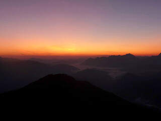 Sunrise mountain hiking tour on Jubilaeumsgrat ridge, Bavaria, Germany