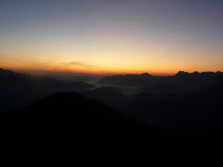 Sunrise mountain hiking tour on Jubilaeumsgrat ridge, Bavaria, Germany