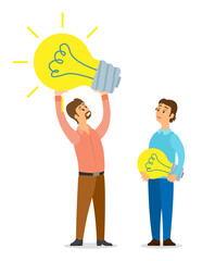 Idea concept, guy having new business idea or plan holding lamp bulb in hands, colleague man with lightbulb, innovative startup, project, solution of problem, businesspeople and invention, flat style