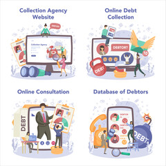 Debt collector online service or platform set. Collecting agency looking