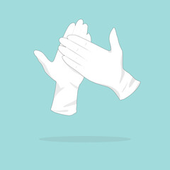 Health and Medical equipment concept: white latex gloves are floating on a green background. Wearing them to prevent virus or disease spreads.