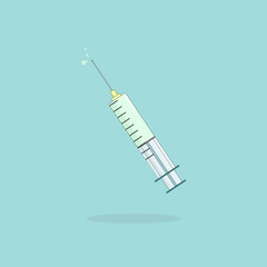 Health and Medical equipment concept: Transparent syringe with green vaccine liquid is floating on a green background. Equipment for a cure, by using it inject vaccine or serum into a body.