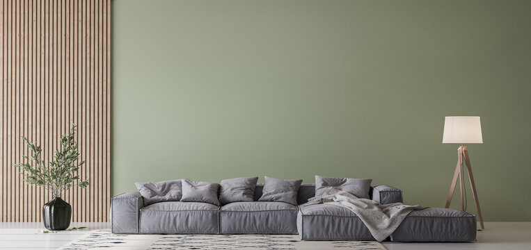 Modern living room design, gray sofa on green wall mockup, copy space
