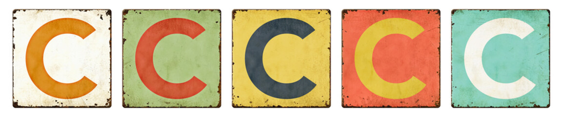 Five vintage tin signs on a white background - Letter C