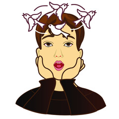 emoticon with a discouraged guy, with birds circling over his head, color simple clip-art, emoji on white isolated background