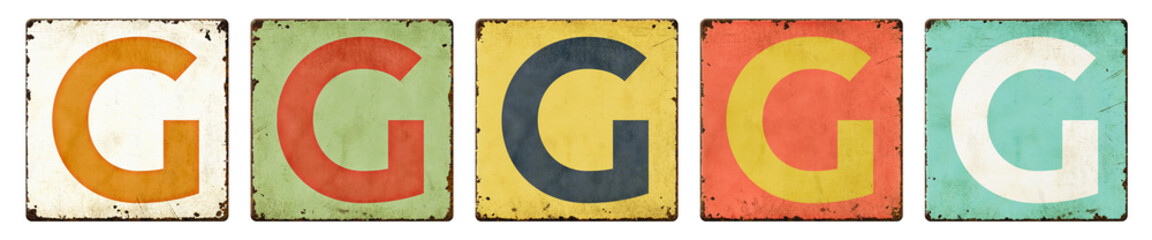 Five vintage tin signs on a white background - Letter G