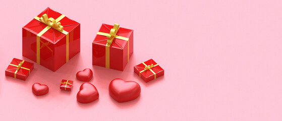 Love Valentine's day greeting card on Red Background and gift box with Red hearts Banner Concept.Flat lay,Copy Space - 3d rendering