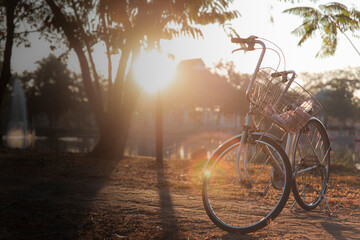 Beautiful scenery and a bicycle parked in the park in the morning.