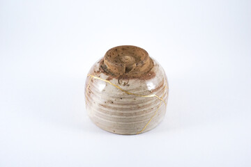 Antique Japanese Kintsugi, Beige and pink sake bowl , kintsugi the beauty of imperfection. Japanese...