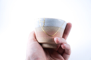 Antique Japanese Kintsugi, Beige and pink sake bowl , kintsugi the beauty of imperfection. Japanese...