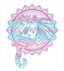 Beautiful hand-drawn tribal style elephant. Colorful design with boho pattern. Ethnic poster, spiritual art, yoga. Indian god Ganesha, Indian symbol. T-shirt print.