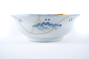 White and blue octagonal landscape bowl , kintsugi the beauty of imperfection. Japanese artisan...