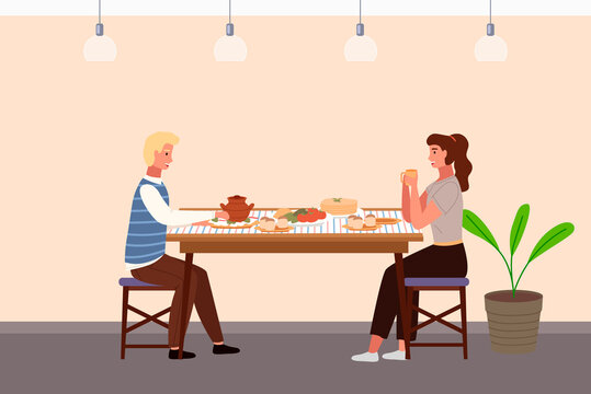 People at lunch in Russian style restaurant. Couple on a date in a cafe eats pancakes and borscht. Guy and girl communicating at dining table vector illustration. Characters taste traditional food