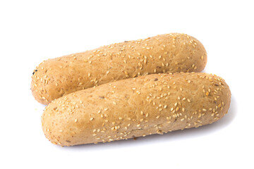 crusty mini baguettes with sesame seeds isolated on a white background