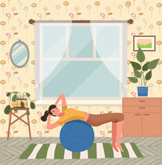 Woman doing fitness exercise at home. Young girl is engaged in pilates with a ball. Slim lady dressed in a sportive uniform in a flat style doing sports in living room, back exercises and stretching