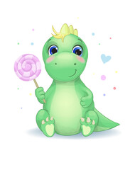 Cute little dinosaur with candy Vector illustration © lightgirl