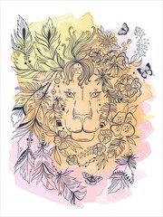 Hand drawn sketch illustration lion. Boho style drawing. It may be used for design of a t-shirt, bag, postcard and poster.