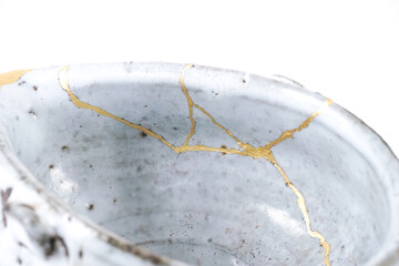 Antique Kintsugi, Japanese wabi sabi white traditional teapot, Gold cracks Kintsugi, Kintsukuroi Japanese technique.
