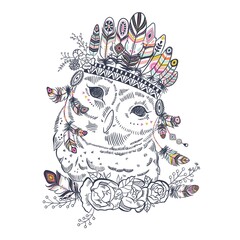 Vector animal floral boho illustration - owl with flower and feather elements for anniversary, birthday, etc. invitations.