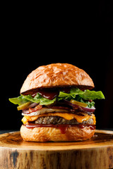 Juicy fresh tasty burger on the black background