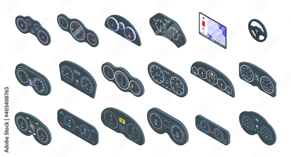 Poster car dashboard icons set. isometric set of car dashboard vector icons for web design isolated on whit