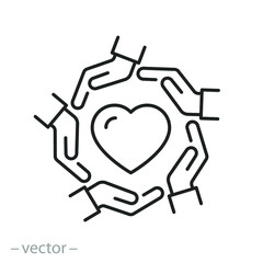 hands holding heart icon, community concept charity or donate, social support in the unity, love in the people group, thin line symbol on white background - editable stroke vector illustration