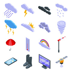 Cloudy weather icons set. Isometric set of cloudy weather vector icons for web design isolated on white background