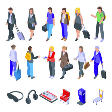 Airline passengers icons set. Isometric set of airline passengers vector icons for web design isolated on white background