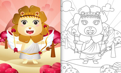 coloring book for kids with a cute lion angel using cupid costume themed valentine day