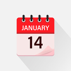 January 14, Calendar icon with shadow. Day, month. Flat vector illustration.