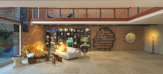 Children read a book, absorbed and interested, while sitting on the sofa of a huge living room, in the quiet of an elegant house, 3d rendering, 3d illustration