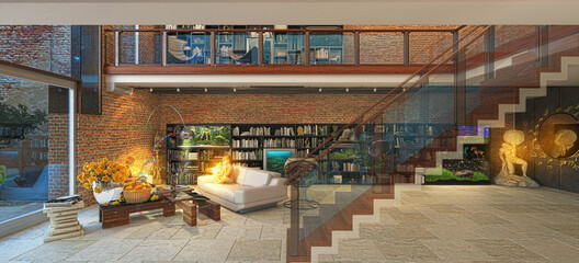 Children read a book, absorbed and interested, while sitting on the sofa of a huge living room, in the quiet of an elegant house, 3d rendering, 3d illustration