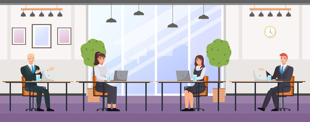 Business people in the coworking center. Man and woman sitting at a table with laptop working together in a large spacious room. A team of employees doing work at the conference table, brainstorm